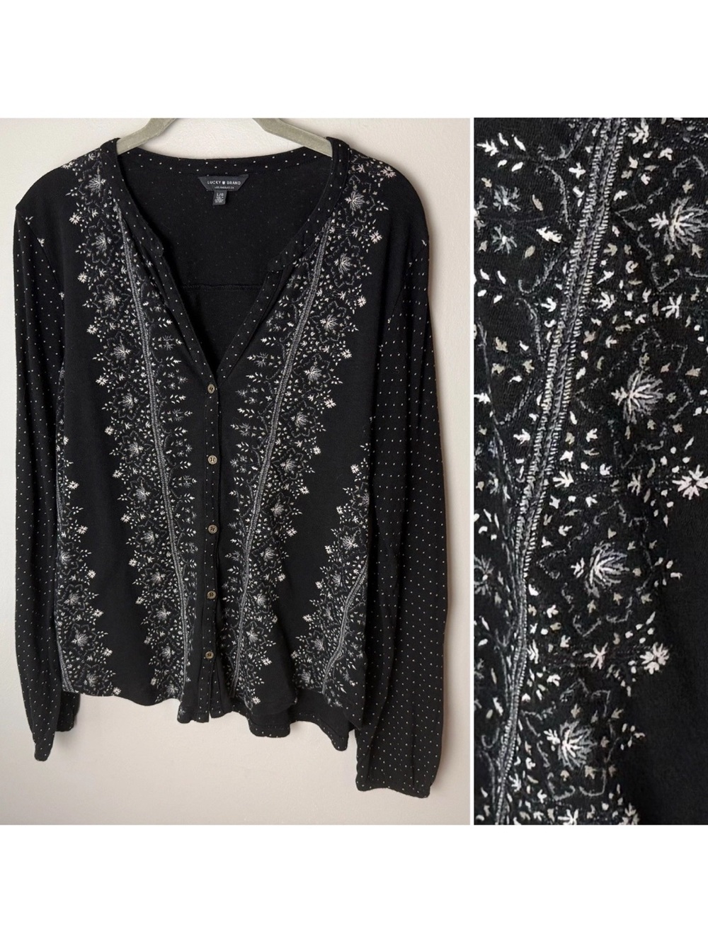 Lucky Brand Top Size Large Black Floral Polka Dot Button Front Long Sleeves